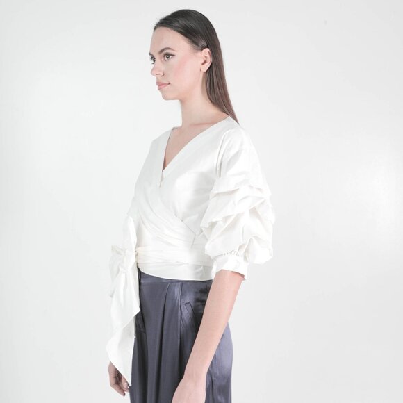 MAAC London Hull Puff Sleeve Wrap Front Blouse - Picture 2 of 6